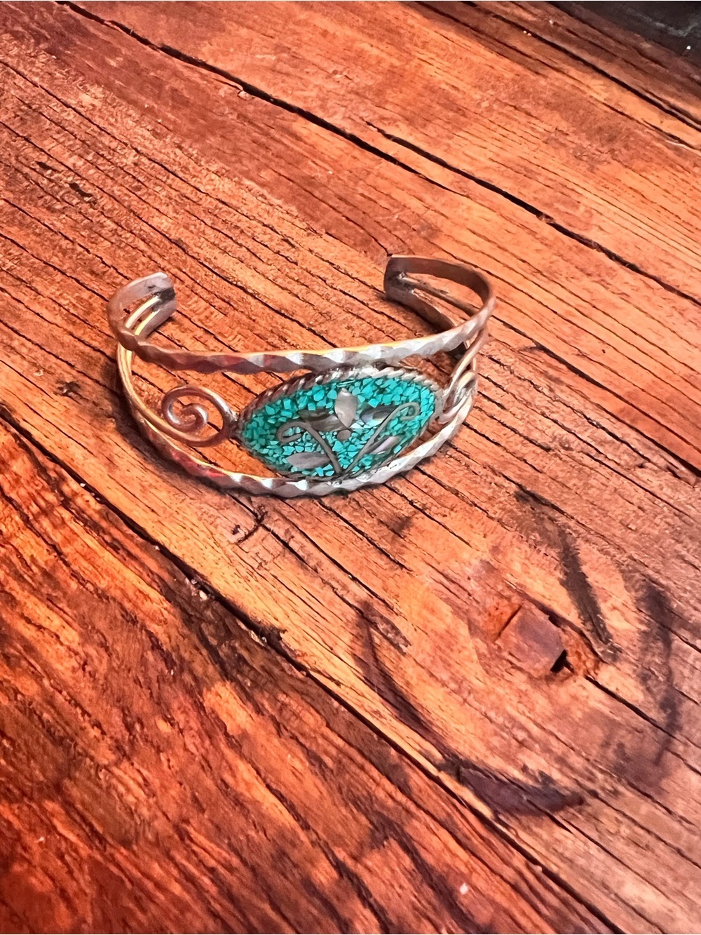 Handcrafted Turquoise  color Mosaic Silver Cuff Bracelet - Green Accent - Picture 6 of 6